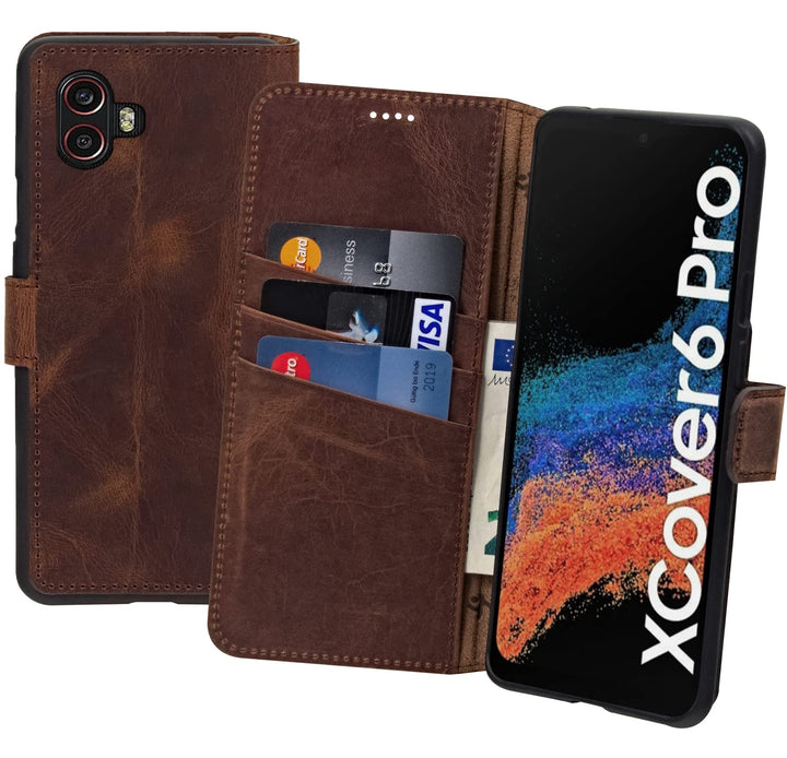 Suncase Book-Style Hülle kompatibel mit Samsung Galaxy XCover 6 Pro 5G Leder Tasche (Slim-Fit) Leder