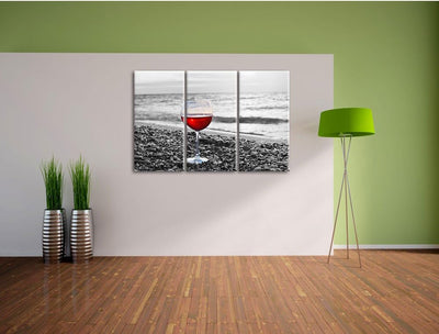 Pixxprint Weinglas am Strand als Leinwandbild | Grösse: 3 Teilig (120x80) | Wandbild| Kunstdruck | f