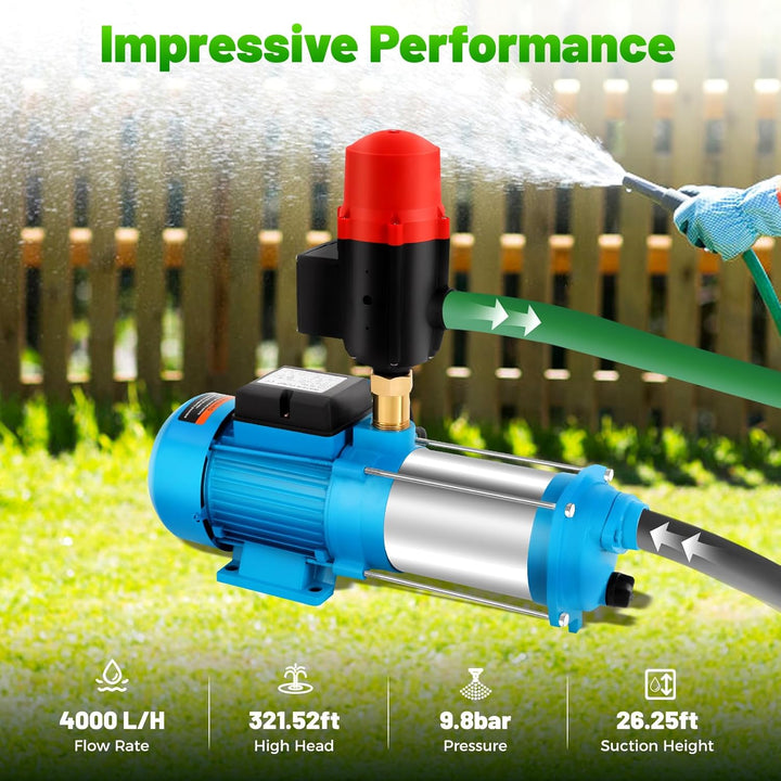 1300W Selbstansaugende Kreiselpumpe, 9,8 bar Edelstahl-Wasserpumpe mit Manometer & Auto-Abschaltung,