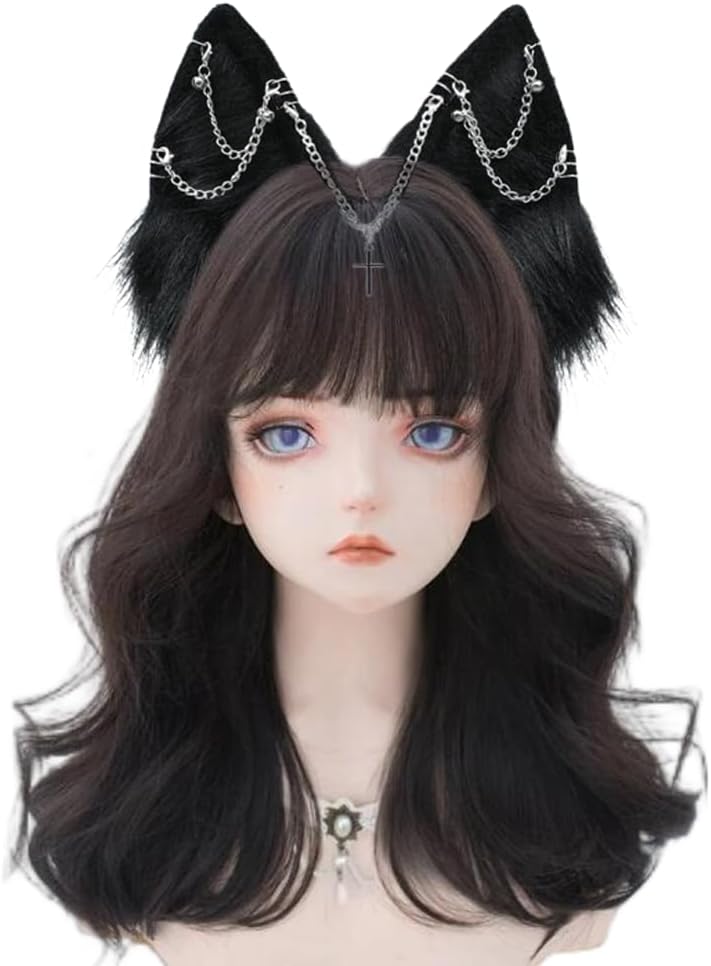 VIGVAN Handgemachte Wolf Fuchs Ohren Cosplay Kopf Zubehör Kawaii Haarband (Kette Schwarz), Kette Sch