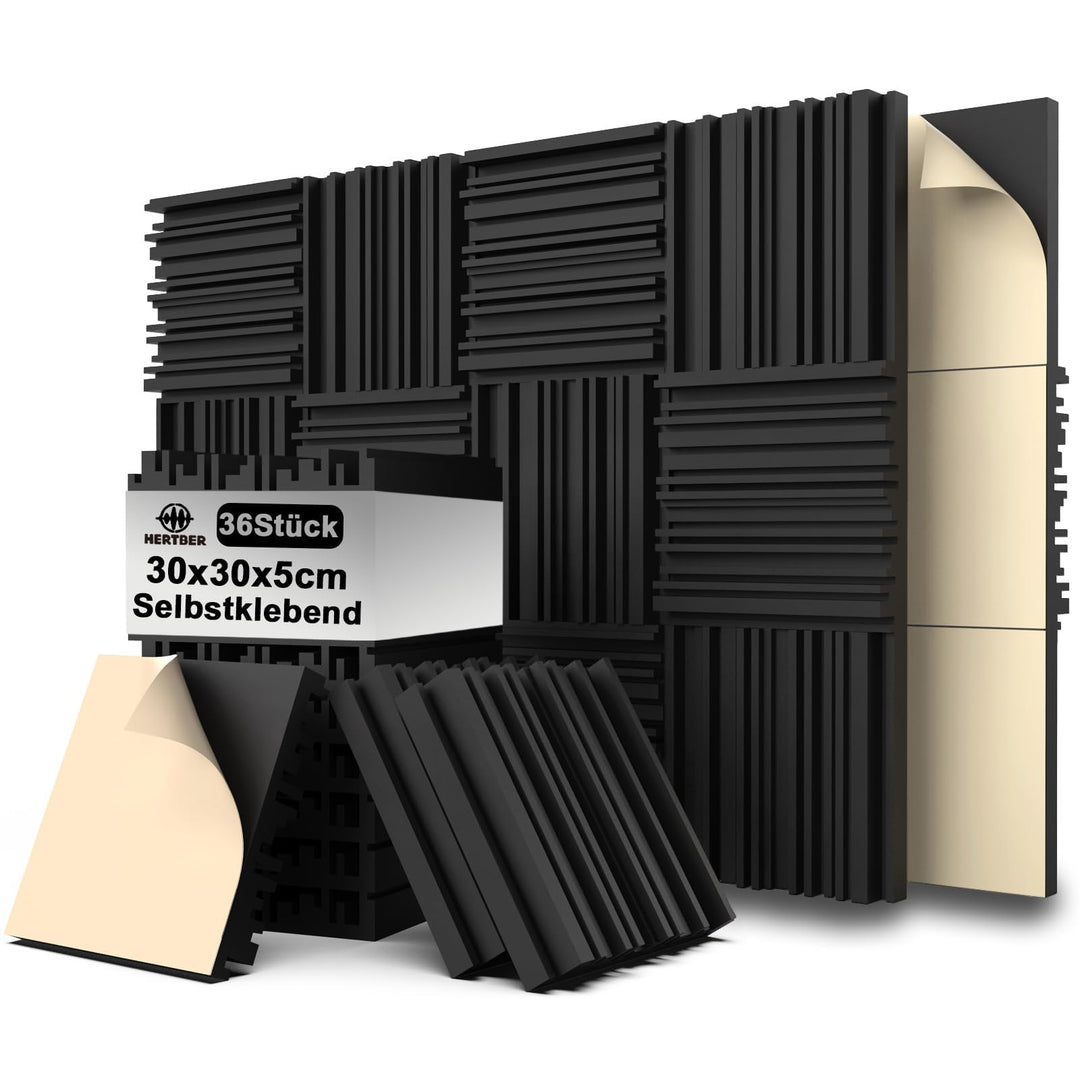 36 Stück Akustikpaneele, Selbstklebend Wandpaneele, Schwarz Gerillte Akustikschaumstoff 12 x 12 x 2