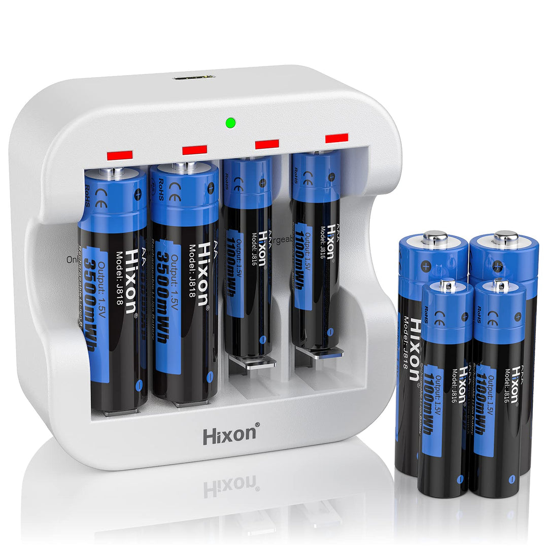 Hixon Akku AA AAA 1,5V Wiederaufladbare Lithium Batterien, Set mit 4 Stücke AA Lithium Akku und 4 St