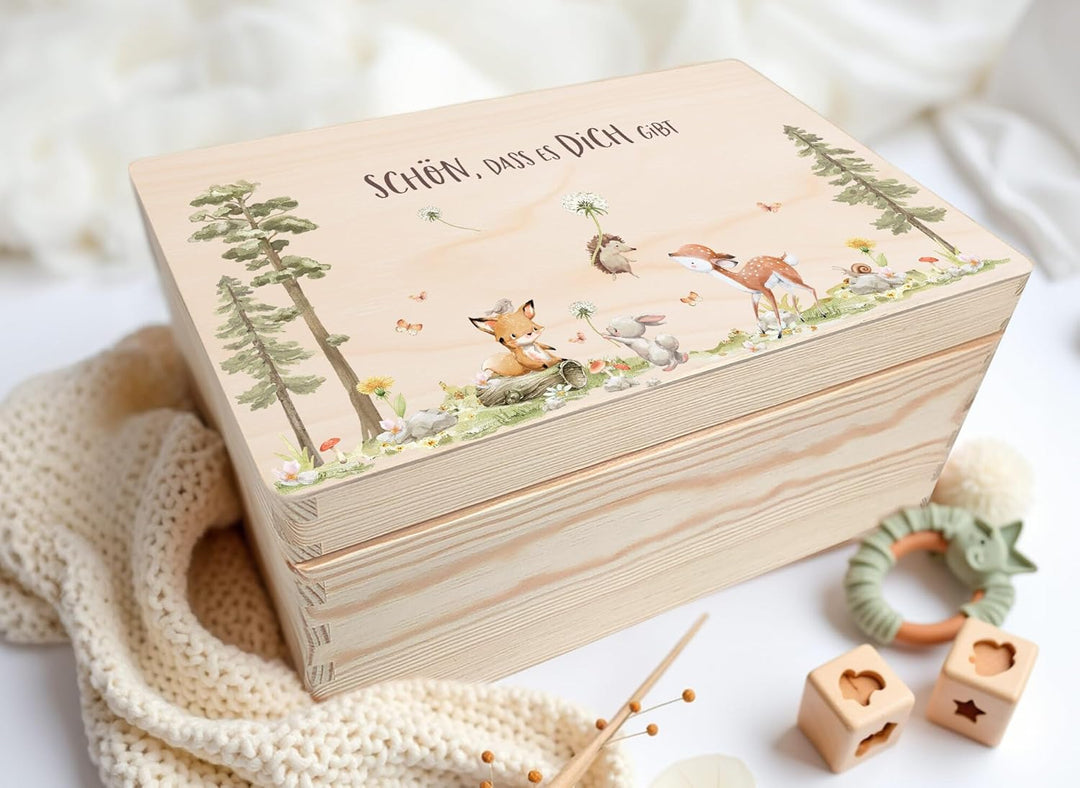 Little Deco Baby Erinnerungsbox Holzkiste mit Deckel | L - 40 x 30 x 22 cm | Waldtiere Geschenk zur