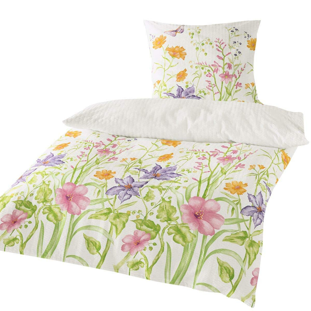 Seersucker Bettwäsche Set Blumenwiese – 135x200 cm Bettbezug + 80x80 cm Kissenbezug – 100% Baumwolle
