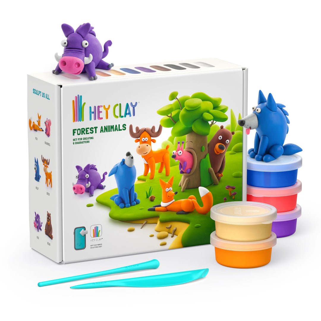 Hey Clay – Bunte lufttrocknende Modelliermasse für Kinder – Waldtiere-Set – Lufttrocknende Ton-Set,