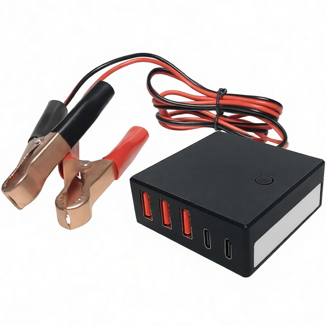 DC-Konverter 12V/24V auf 5V 12A, bis zu 60W, mit Batterieklemmen, USB-C, Mehreren Anschlüssen, Buck-
