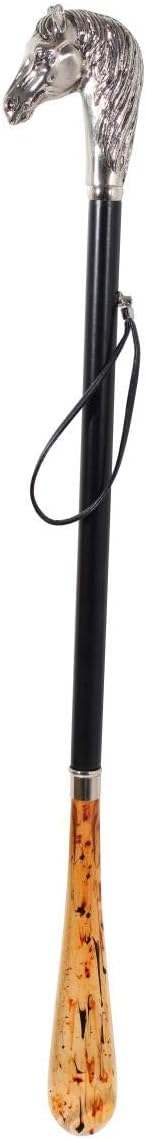 DELFA Design Schuhanzieher Schuhlöffel 70 cm mit silbernem Pferd als Griff - schwarzer Holzschaft mi