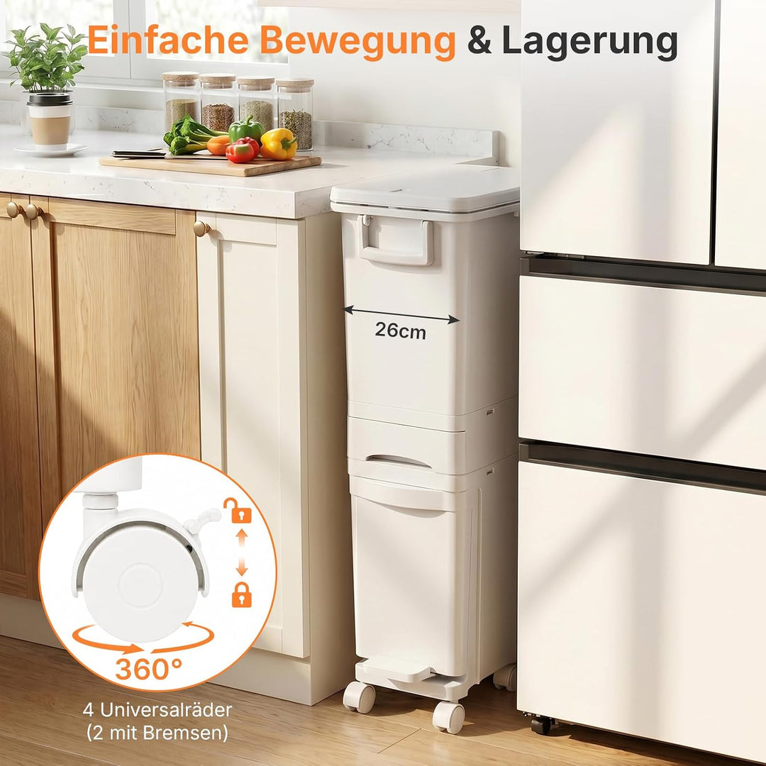 32 L Mülleimer Küche 3 Fächer, Abfalleimer mit Deckel & Pedal, Mülleimer auf Rädern, Mülltrennsystem
