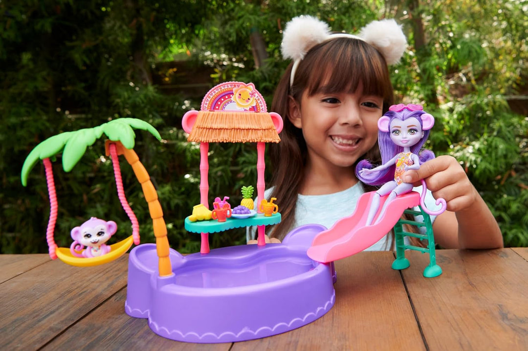 Enchantimals-Puppe und Zubehör, Affen-Swimmingpool-Spielset, Puppe und Beste Tierfreund-Figur, Rutsc