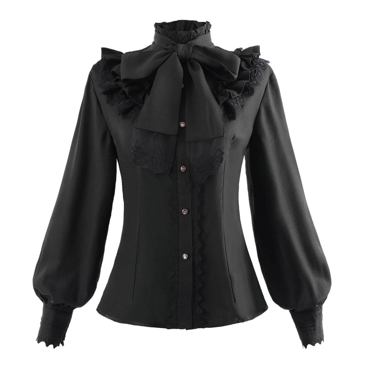 Fiamll Damen Viktorianisch Bluse Vintage Schleifenhemd Stehkragen mit Rüschen Langarmshirt Mittelalt