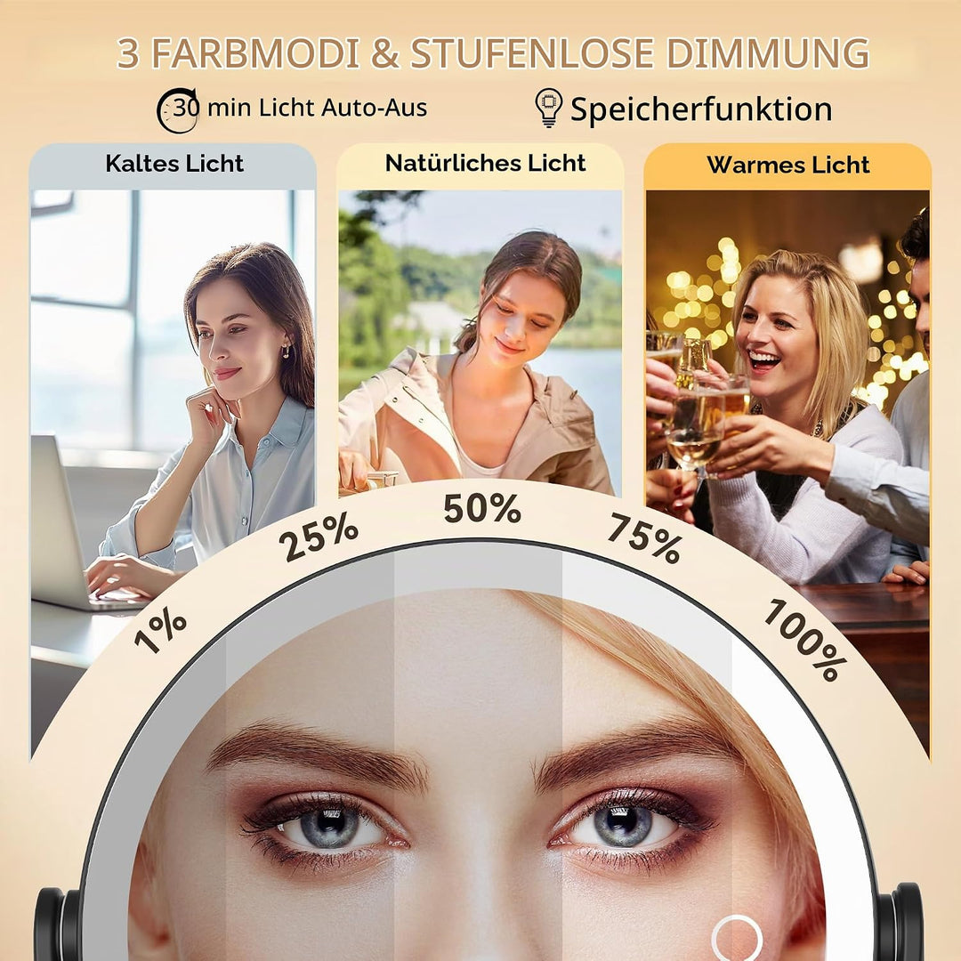 Auxmir Kosmetikspiegel ohne Bohren mit 1X/30X Vergrösserung, LED Beleuchtung Dimmbarer Schminkspiege