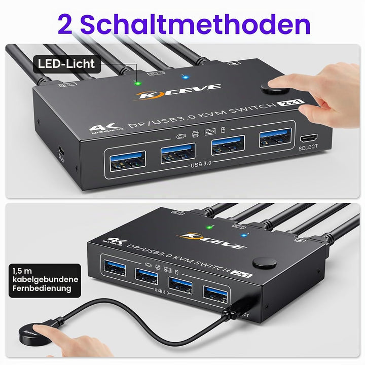 USB 3.0 KVM Switch Displayport 4K@144Hz, KVM Switch 2 PC 1 Monitor 8K@30Hz, DP KVM Switches for 2 PC