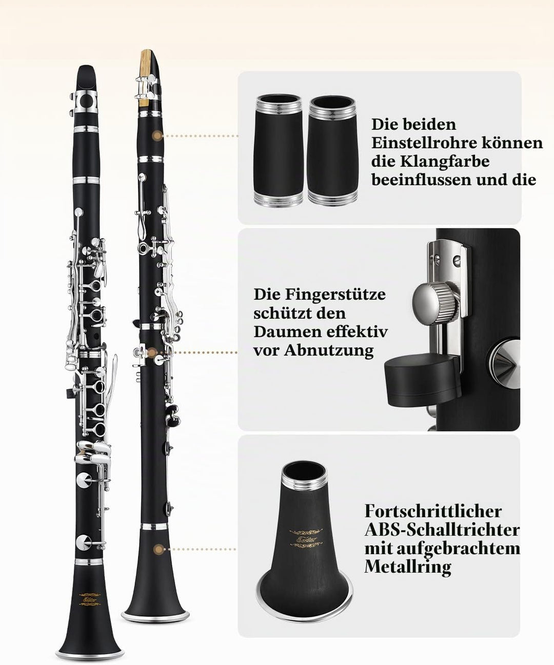 Eastar B-Klarinette für Anfänger, Ebonit Klarinette vernickelt mit 2 Birnen, 3 Blättern, weissen Han