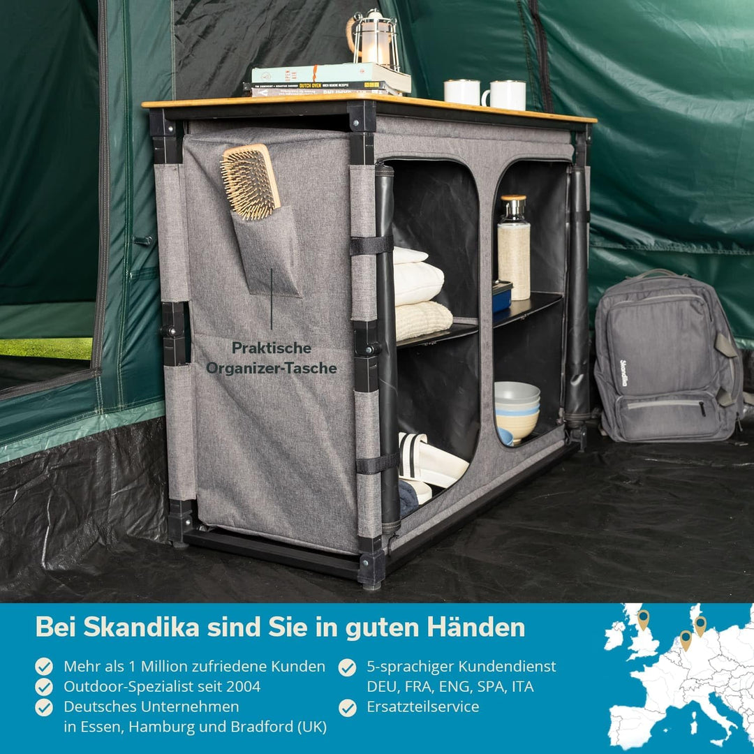 Skandika Campingschrank Triabo |Bambus Arbeitsplatte, Outdoor-Schrank faltbar, 4 Fächer mit festen E