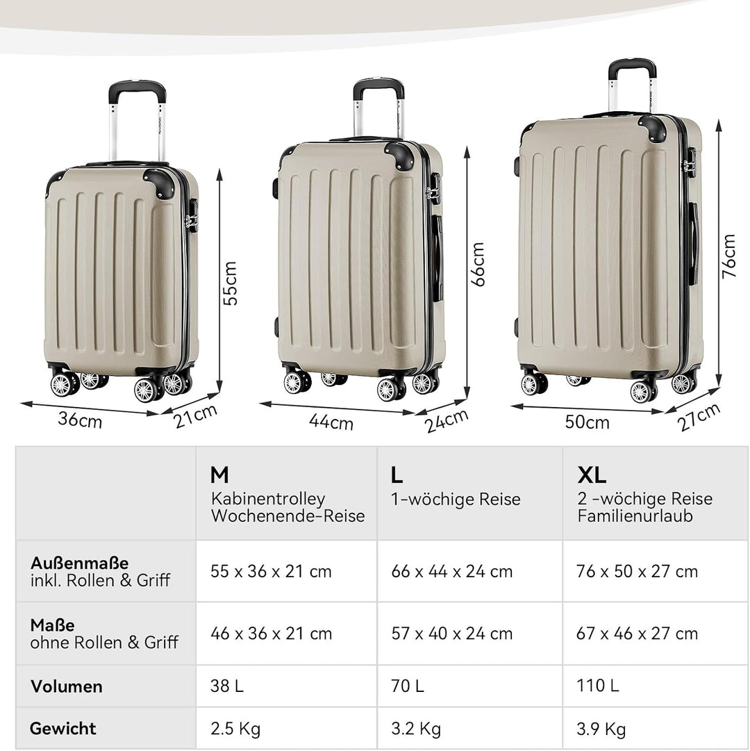 BEIBYE Hartschalen-Koffer Trolley Rollkoffer Reisekoffer Handgepäck 4 Rollen (M-L-XL-Set) (Champagne