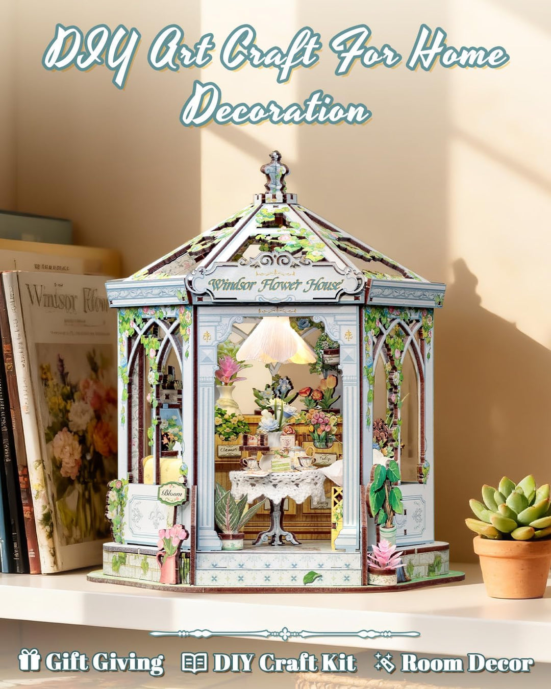 CUTEBEE Europäisch-Retro 3D-Puzzle Book Nook Puppenhaus-Set, eleganter Wintergarten mit Afternoon-Te