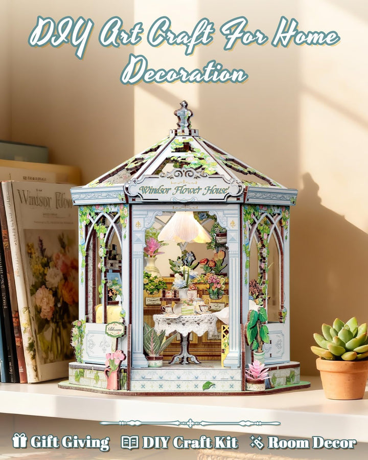 CUTEBEE Europäisch-Retro 3D-Puzzle Book Nook Puppenhaus-Set, eleganter Wintergarten mit Afternoon-Te