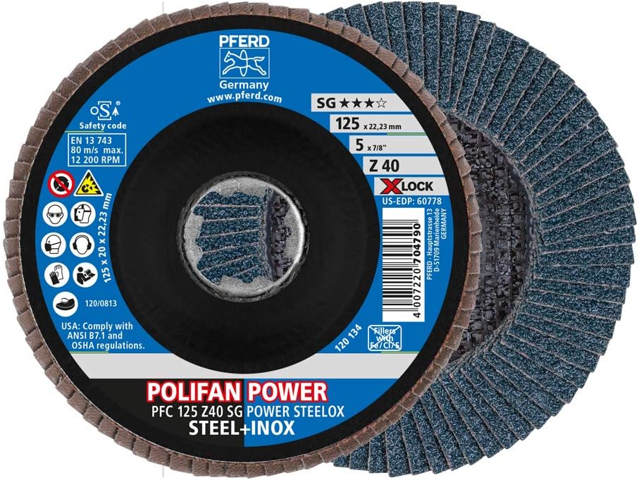 PFERD Fächerscheibe POLIFAN POWER, 10 Stück, 125mm, Z40, X-LOCK (22,23 mm), SG STEELOX, 67784126 – f