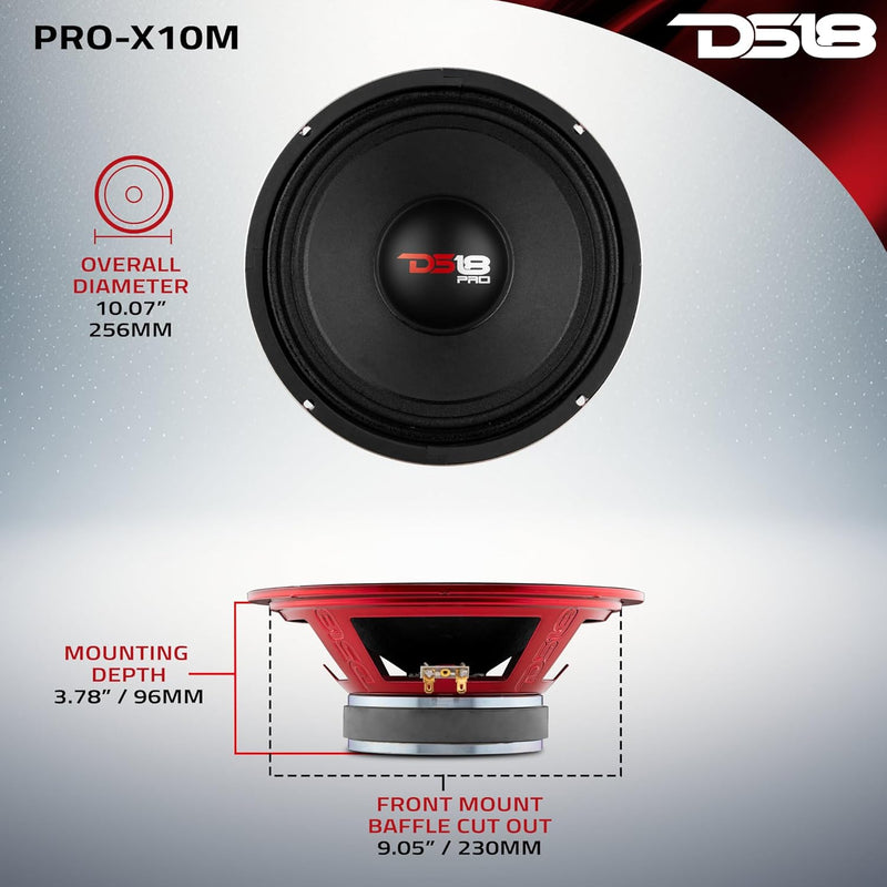 DS18 Car Midrange Speaker 10" Inch 600w Watt 8Ohm Bass Loudspeaker PRO-X10M Klassisch 8 Ohm 25,4 cm,