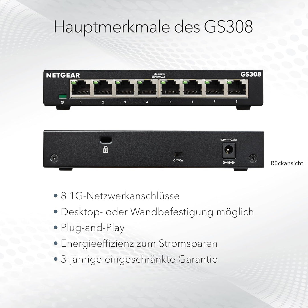NETGEAR GS308 LAN Switch 8 Port Netzwerk Switch (Plug-and-Play Gigabit Switch LAN Splitter, LAN Vert