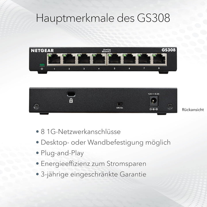 NETGEAR GS308 LAN Switch 8 Port Netzwerk Switch (Plug-and-Play Gigabit Switch LAN Splitter, LAN Vert