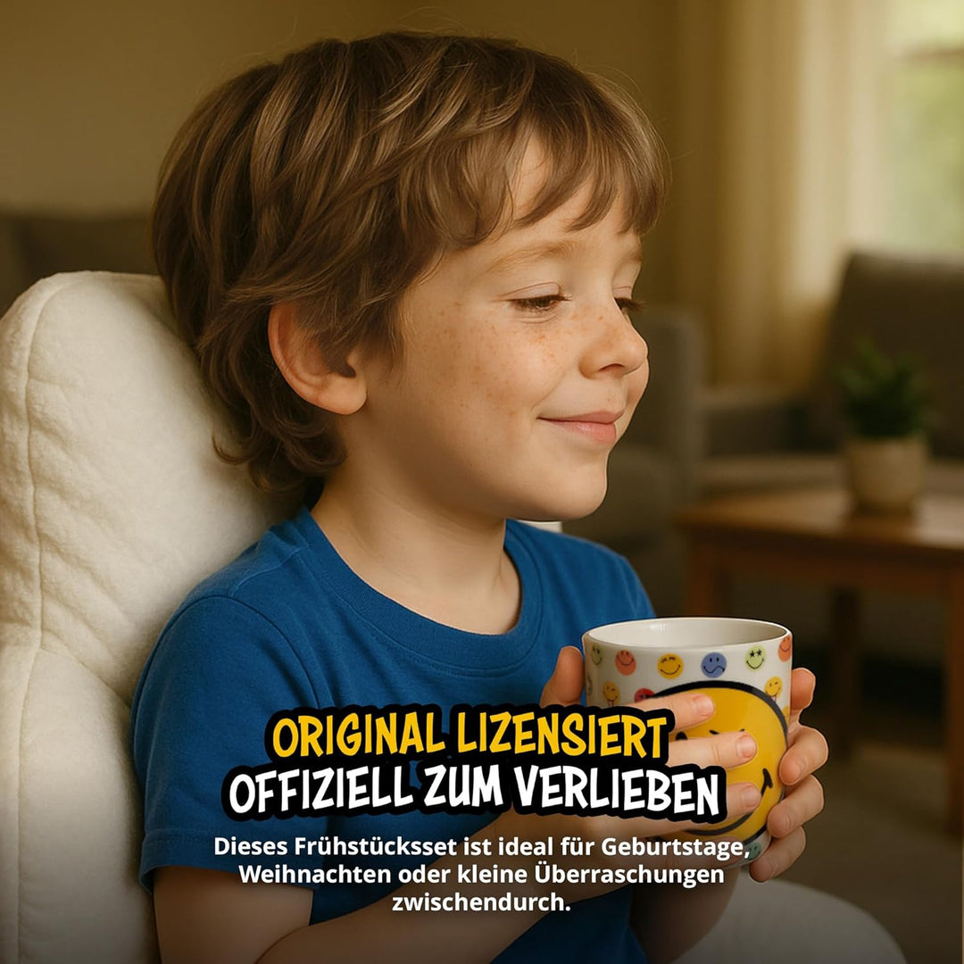 United Labels Smileyworld Frühstücksset Kinder, mit Smiley, Geschirr Set Porzellan, 3-teilig mit Tel