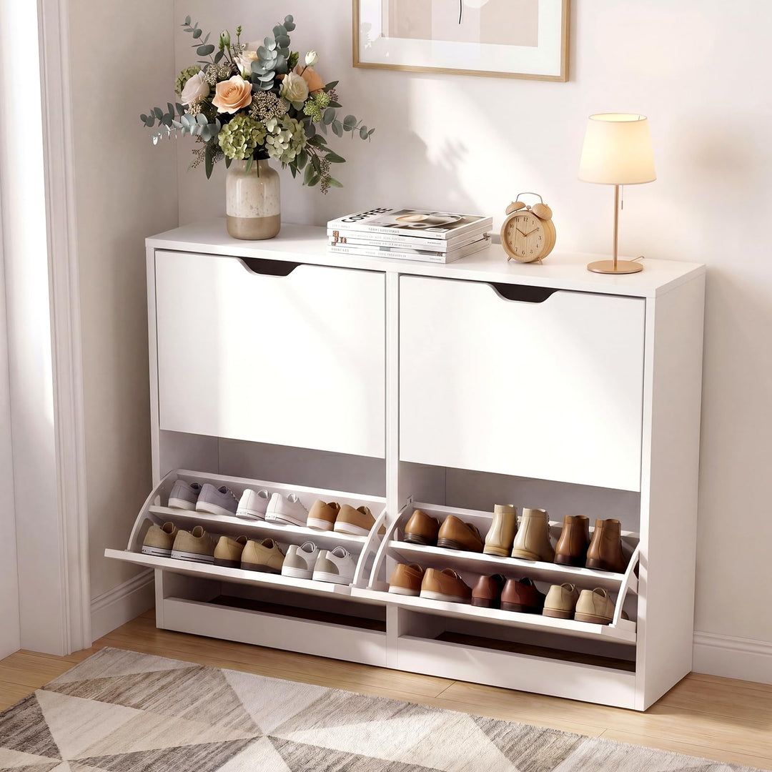 VOWNER Schuhschrank mit 4 Klappen, Schuhschrank Weiss, Schmaler Schuhregal, mit 8 Fächern, Schuhabla