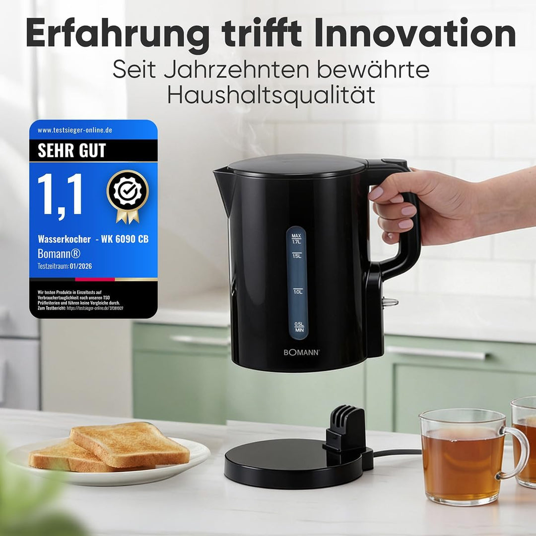 Bomann Wasserkocher 1,7L | 2200W für schnelles Erhitzen | BPA frei | Einhandbedienung | Wasserstands