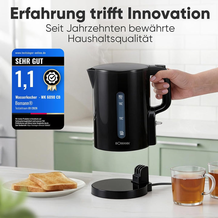 Bomann Wasserkocher 1,7L | 2200W für schnelles Erhitzen | BPA frei | Einhandbedienung | Wasserstands