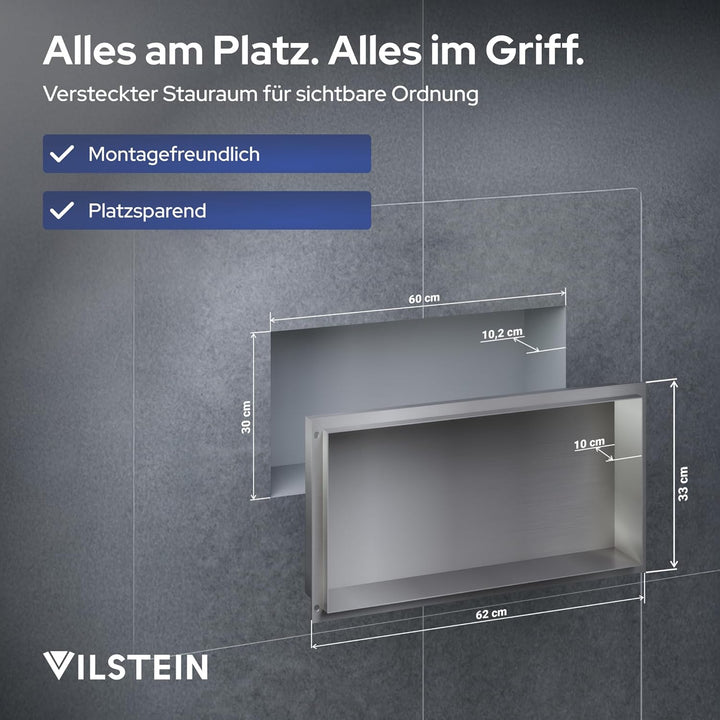 VILSTEIN Wandnische Dusche 30x60 cm [ROSTFREI] - Randlose Duschnische - Wandnische Silber - Einbaure
