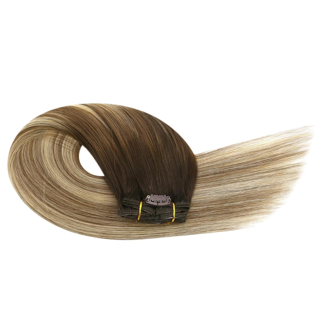 Ugeat 55cm Echthaar Extensions 120 Gramm Clip in Echthaar Tressen Clips Echthaar Dunkel Braun bis Mi