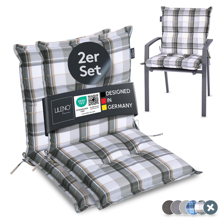 LILENO HOME Gartenstuhl Auflagen als [2er Set - Niedriglehner] in Karo Grau Y - Bequeme Liegen als S