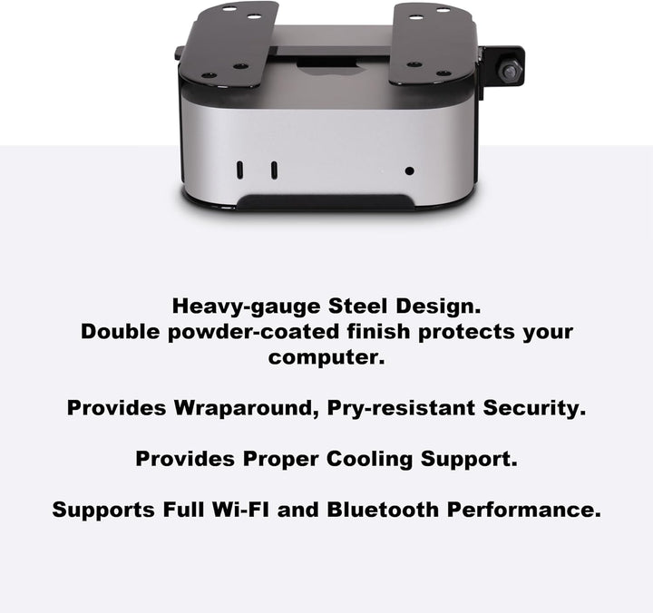 SoNNeT MacCuff mini (2024+): Stahlhalterung zur Montage eines Mac mini (2024) unter einem Tisch, an