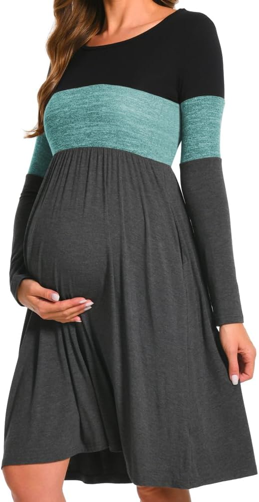 Bearsland Women’s Long Sleeve Maternity Dresses Patchwork Pregnancy Dress with Pocket M Grün, M Grün