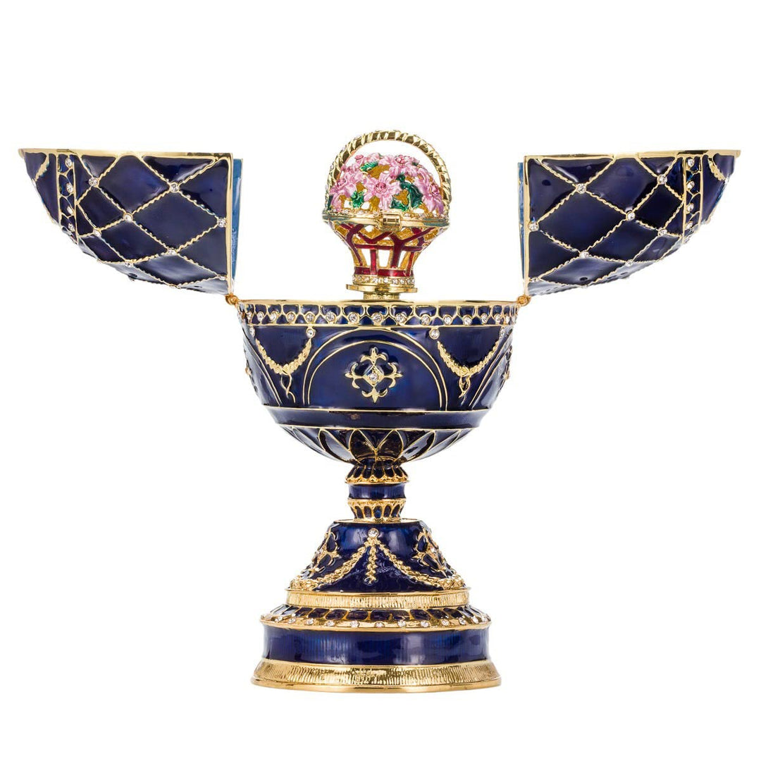 danila-souvenirs Fabergé-Stil Ei Spieluhr Schmuckkästchen mit Korb der Blumen 17 cm blau