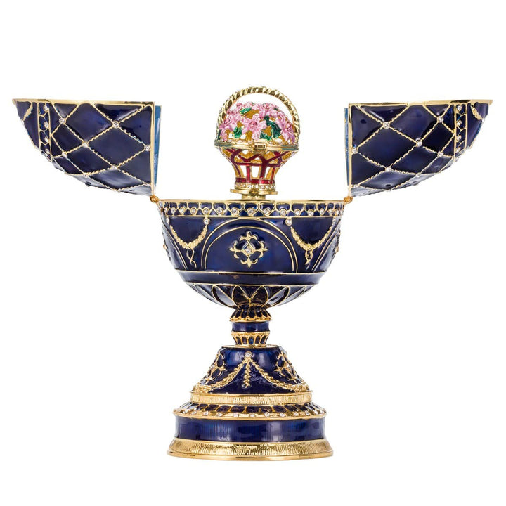 danila-souvenirs Fabergé-Stil Ei Spieluhr Schmuckkästchen mit Korb der Blumen 17 cm blau
