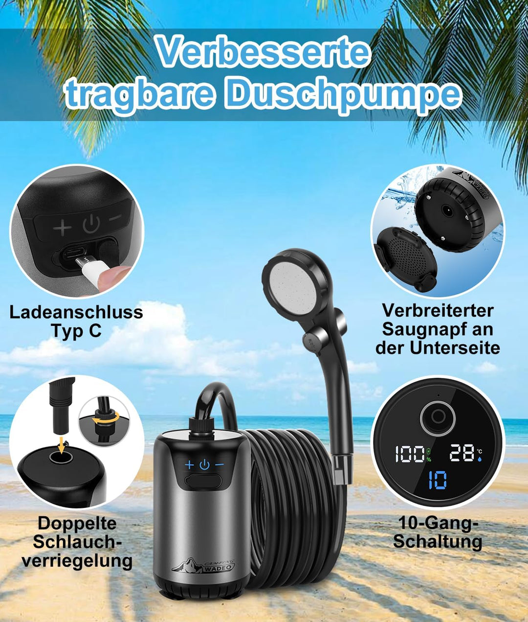 WADEO Tragbare Campingdusche Akku, Upgraded Outdoor-Dusche mit Pumpe und Temperaturanzeige, 10-Gang-