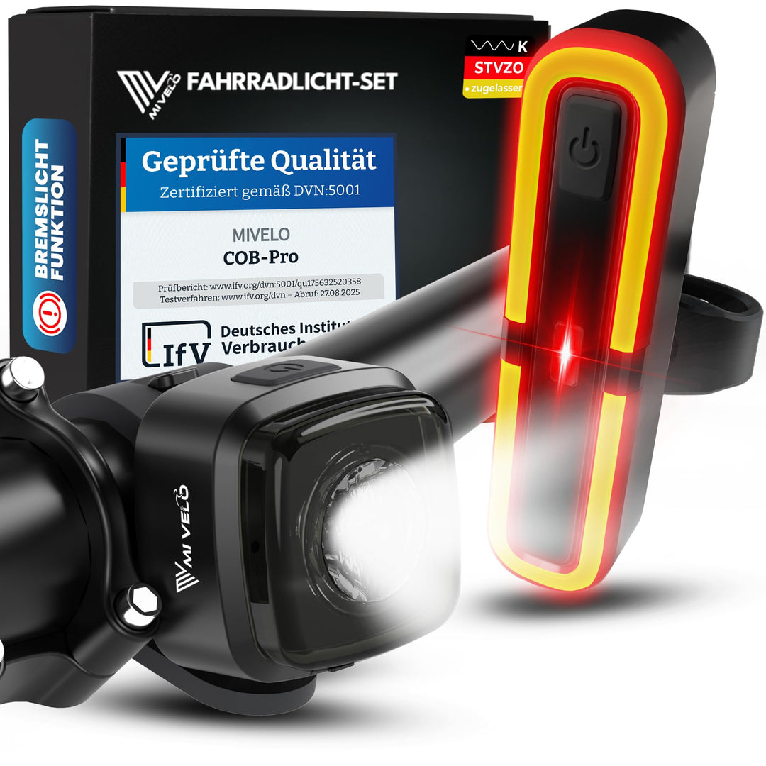 MIVELO Fahrradlicht Set mit Bremsanzeige - Fahrradlampe LED StVZO, IPX5 wasserdicht - Fahrradbeleuch