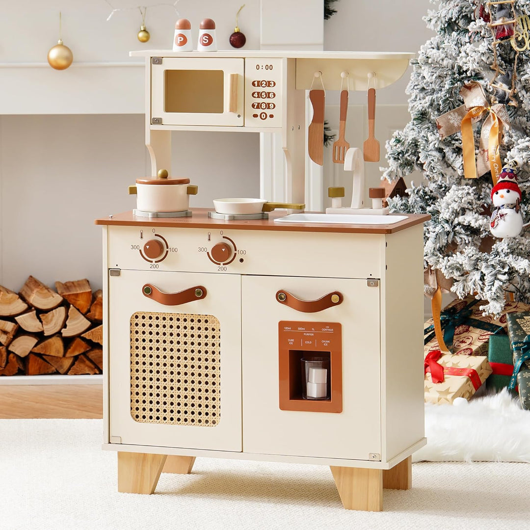 ROBOTIME Kinder-Spielküche aus Holz, Spielzeugküche im Retro-Stil mit Eisspender, Rattan-Netzschrank