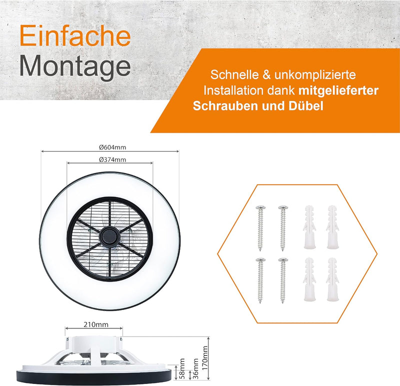 Proventa Deckenventilator mit Beleuchtung 60W - Ø 60cm, dimmbare LED Deckenleuchte mit Ventilator, w