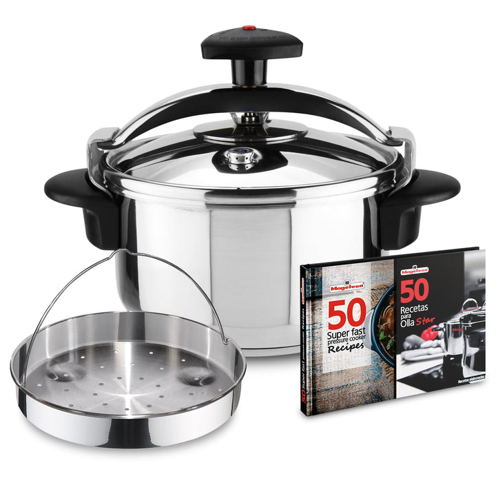 Magefesa Star Recta – Exklusives Set Traditioneller Schnellkochtopf 4L + Dämpfeinsatz + Rezeptbuch,