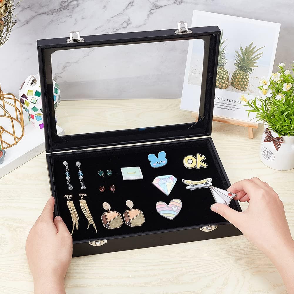 NBEADS Samt Anstecknadel Vitrine, Schwarz Holz Präsentationsboxen Mit Glasfenster Samt Pin Schattenb