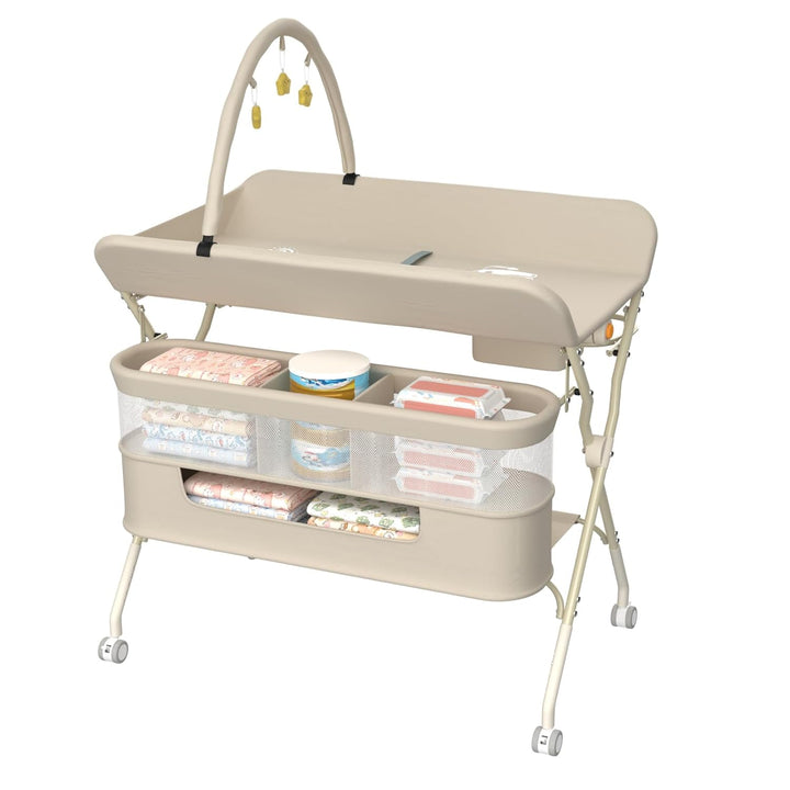 Klappbare Wickelkommode, Baby Wickelkombi, mobiler Wickeltisch mit Wickelauflage und Ablagefächern,