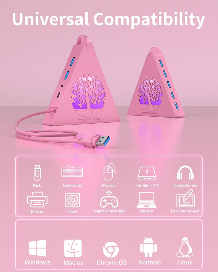7-Port USB 3.0 Hub, RGB USB Hub mit RGB Baumlicht und 0,6m Kabel, USB Hub 3.0 Rosa USB Expander für