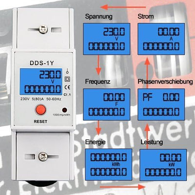 Digitaler Stromzähler Einphasen-Energiezähler DIN-Hutschiene *individuelle Anzeigemöglichkeiten* eQ3