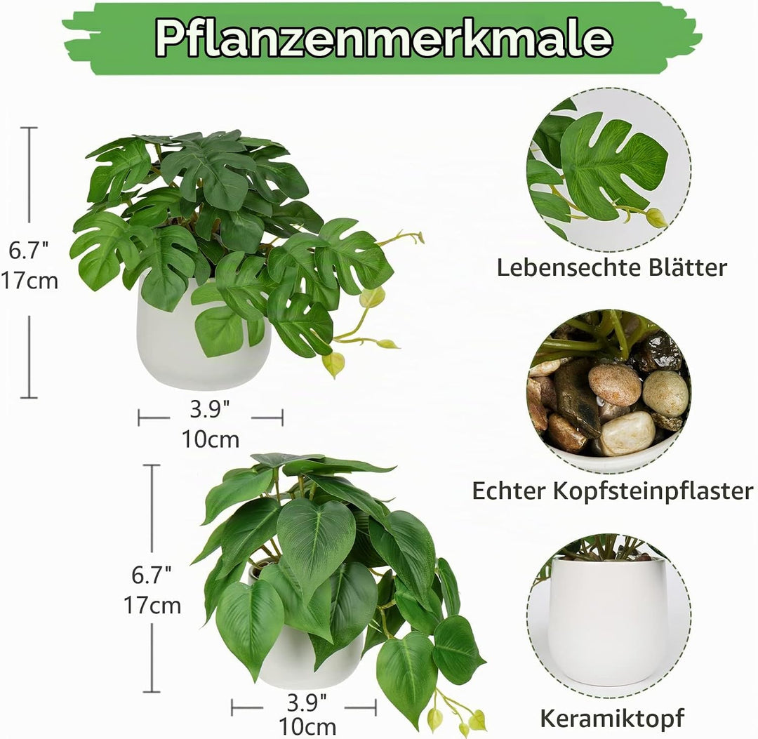 2er-Set Kunstpflanze Hängend Deko Pflanzen im Keramiktopf Mini Kunstpflanze Philodendron Monstera De