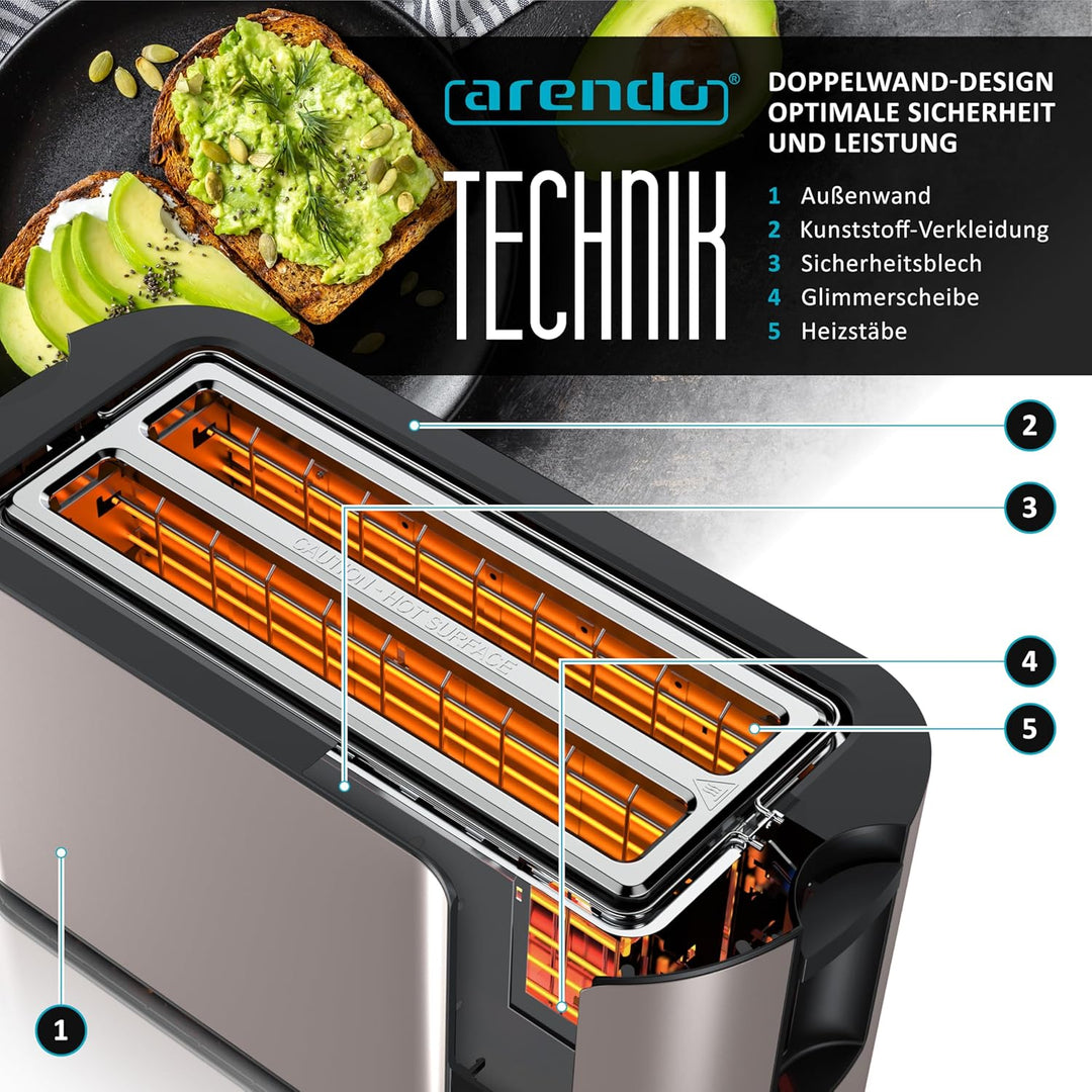 Arendo - Edelstahl Toaster Langschlitz 4 Scheiben- Touchscreen – Doppelwandgehäuse – 1500 W – Integr