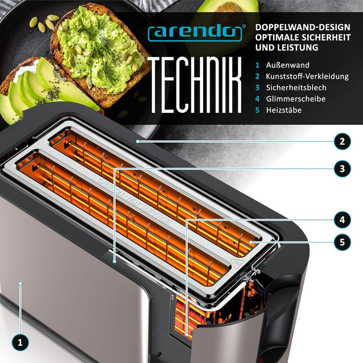 Arendo - Edelstahl Toaster Langschlitz 4 Scheiben- Touchscreen – Doppelwandgehäuse – 1500 W – Integr