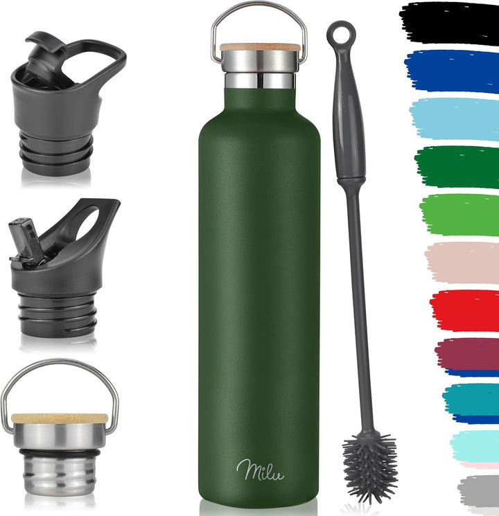 Milu Edelstahl Trinkflasche 350ml 500ml 750ml 1000ml (+3 Deckel) Thermosflasche mit Strohhalm, Isoli
