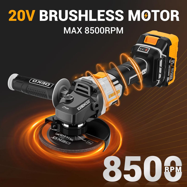 Akku-Winkelschleifer 20V Ø 125mm: DEKOPRO Schleifer mit 4.0Ah Akku, bürstenloser Motor, 8500RPM – in